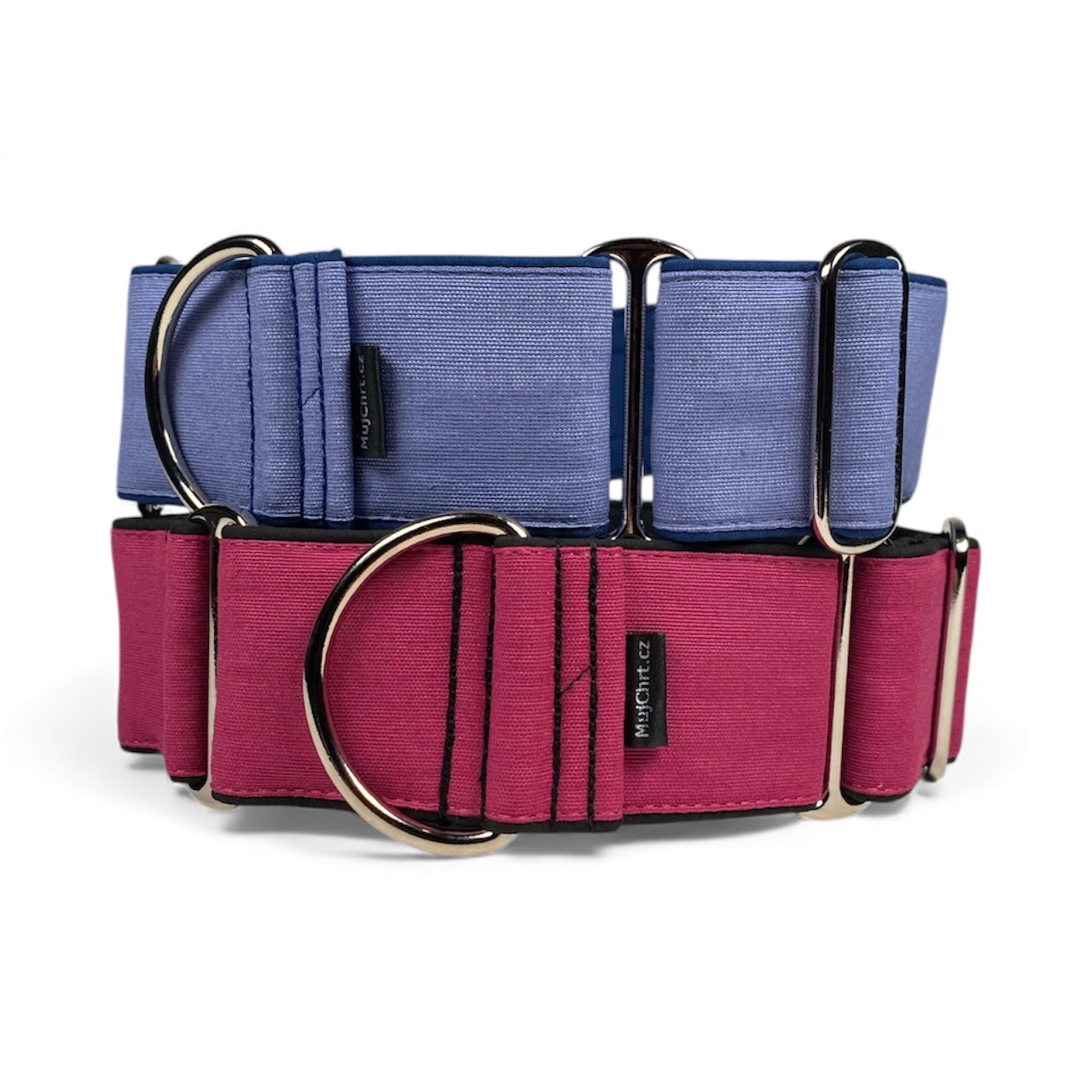 Jednobarevné obojky pro chrty, fuchsiová a modrá, MujChrt.cz