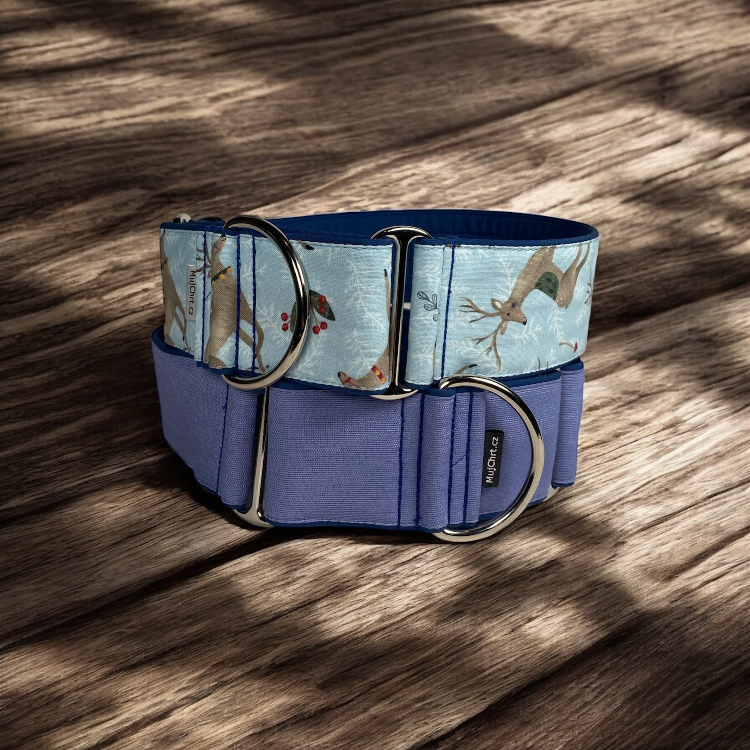 Martingale obojky pro chrty, modrá jednobarevná a vzor Jelínci, MujChrt.cz