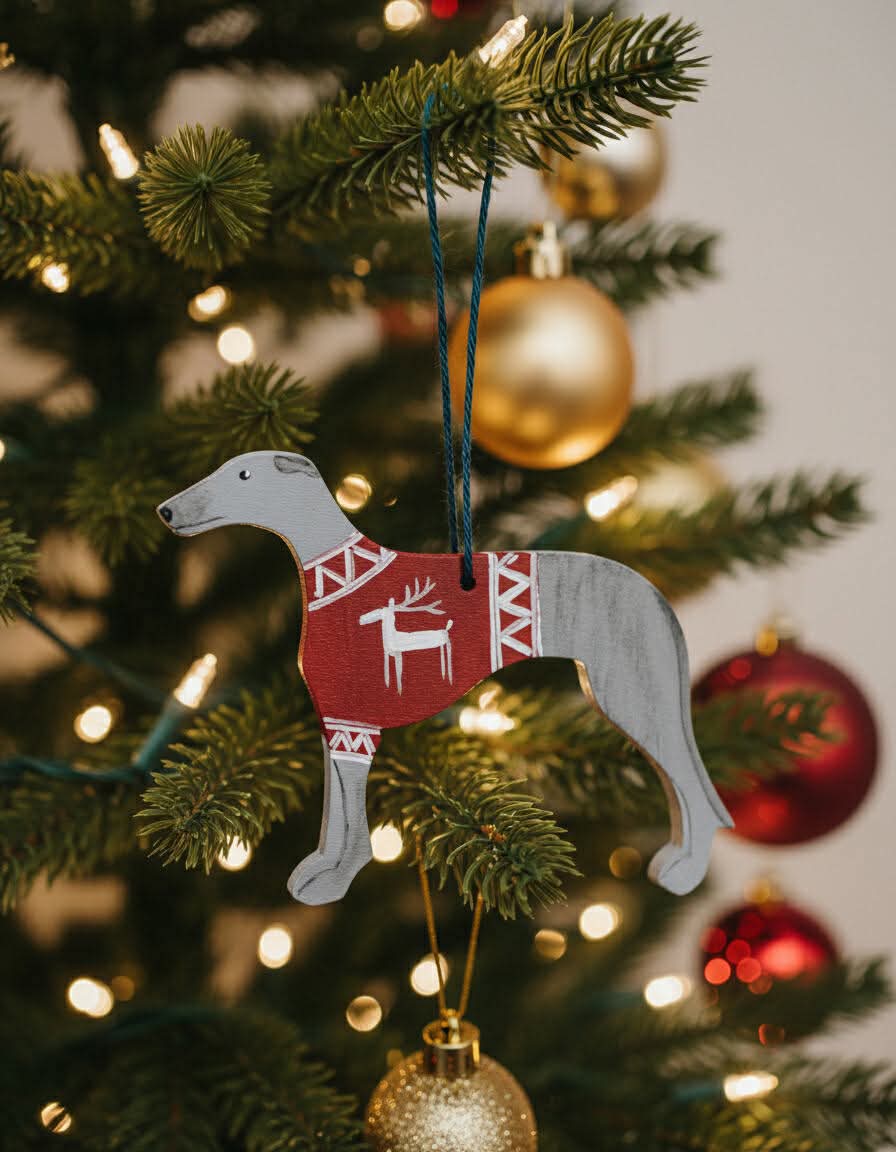 Vánoční ozdoba, chrt, šedá, MujChrt.cz